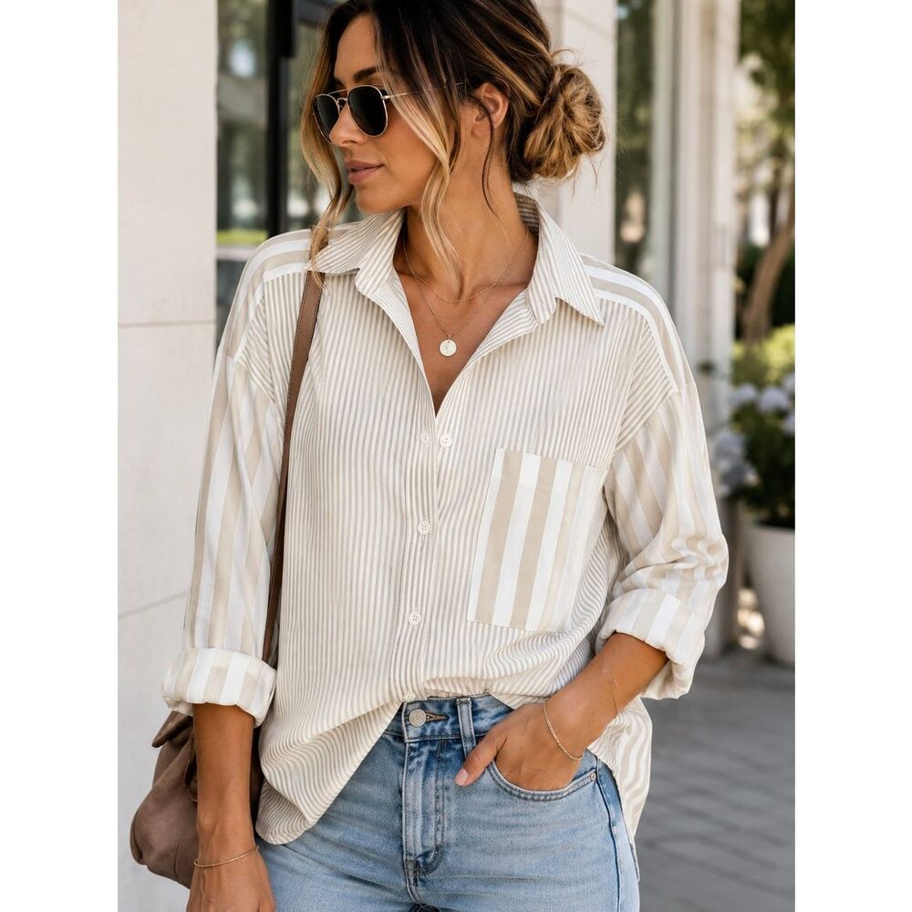 LOFT Cream and White Striped Button-Up Blouse